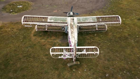 Aerial view of a old abandoned airplane alt
