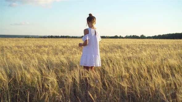 Adorable Preschooler Girl Walking Happily in Wheat Field on Warm and Sunny Summer Day