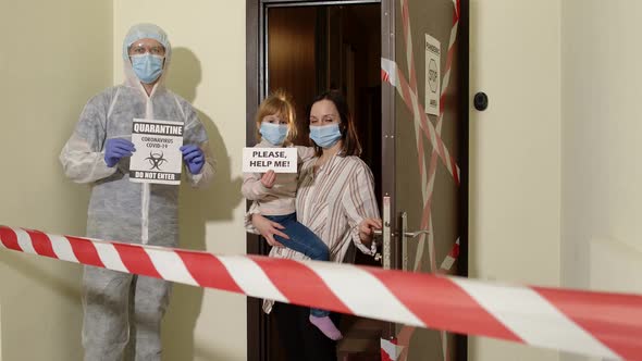 Medical Worker Opening Entrance Door Sick Family of Woman with Daughter at Home During Coronavirus alt