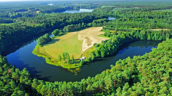 Curvy river and green forests at sunrise, aerial view alt