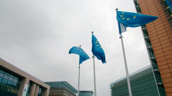 Panorama of EU Flags Near European Commission Office Building in Brussels