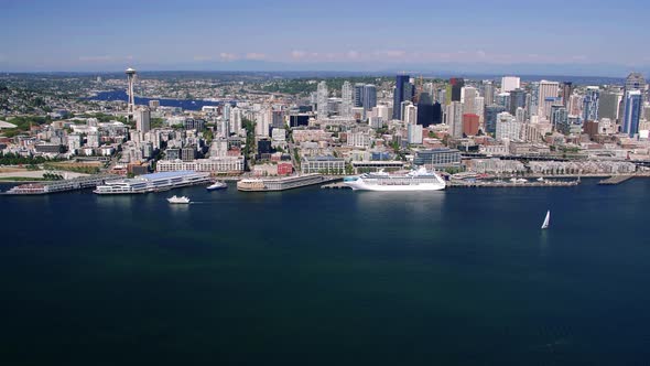 Seattle Waterfront Skyline Aerial Of Big Cruise Ship alt