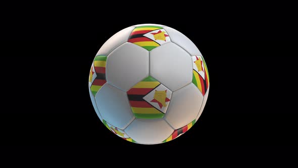 Soccer ball with flag Zimbabwe, on black background loop alpha
