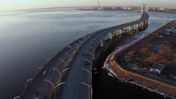Traffic Cars Moving on the ZSD Highway Double Bridge over the Sea Saint-Petersburg, Russia 