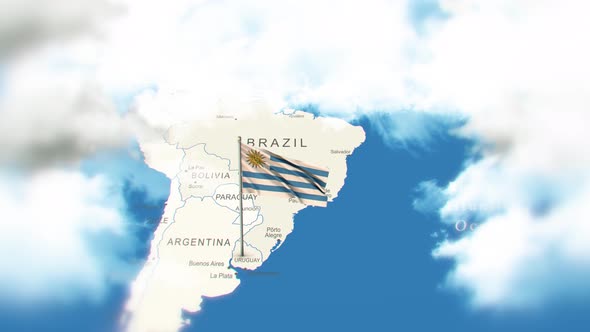 Uruguay Map And Flag With Clouds