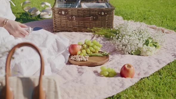 Woman Taking Camembert Cheese From Picnic Basket on Wooden Platter at Summer 6K alt
