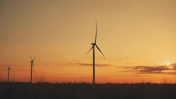 Silhouettes of Wind Turbines in Field Against Orange Sunset
