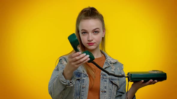 Cheerful Teen Girl Secretary Talking on Wired Vintage Telephone of 80s Says Hey you Call Me Back alt