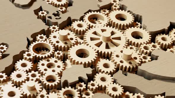 European Union map created with spinning wooden gears. Economic cooperation alt