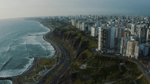 Panoramic view of Lima's Coastline Pacific ocean coast, city capital in Peru 4K