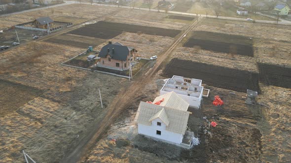 Aerial View of Unfinished Frame of Private House with Aerated Lightweight Concrete Walls and Wooden alt