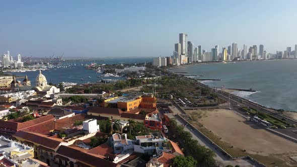 Aerial Panorama View From the Old Town of Cartagena to the Business Part of the Modern City