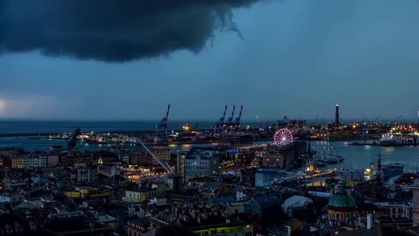 Evening Timelapse of Genoa Port with Thunderstorm, Italy alt