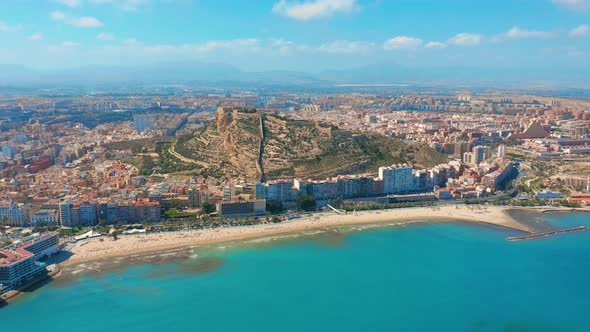 Alicante Spain Aerial View on the City Against the Sea with a View of the Mountain and Fortress alt