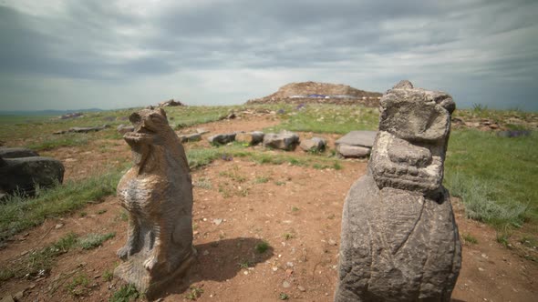 Stone Animal Sculptures in the Historical Archaeological Excavation Site alt