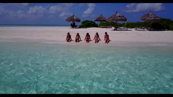 Female models tan on tropical sea view beach time by aqua blue sea and bright sand background of the alt
