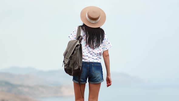 Back View Woman Admiring Nature Sea Landscape From Top of Mountain alt