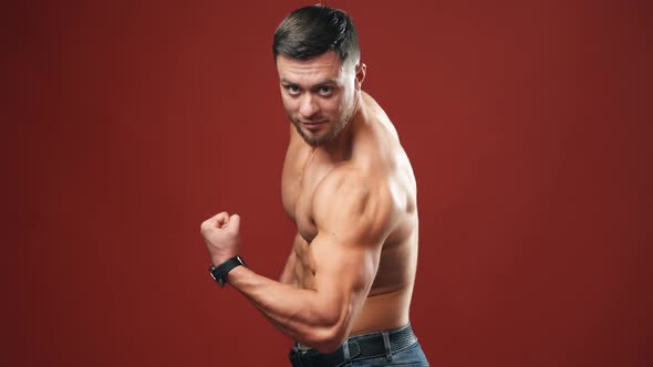 Portrait of bodybuilder in studio. Shirtless athlete with muscular body showing his trained biceps. alt