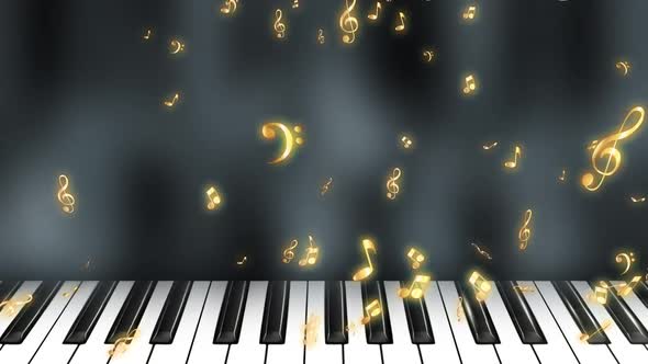 Golden Music Symbols Raining Over Piano Keyboard Smoke Black Background