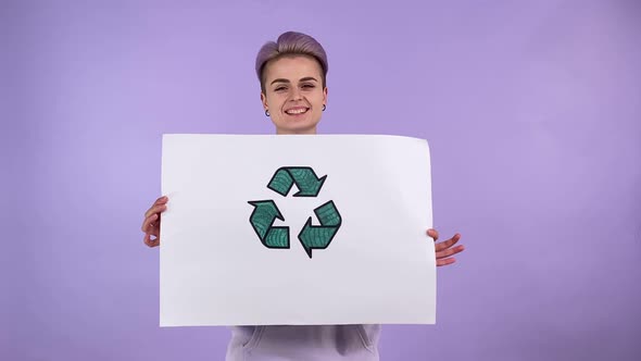 Eco Friendly Person Gen Z Holding Poster with Recycle Sign Isolated alt