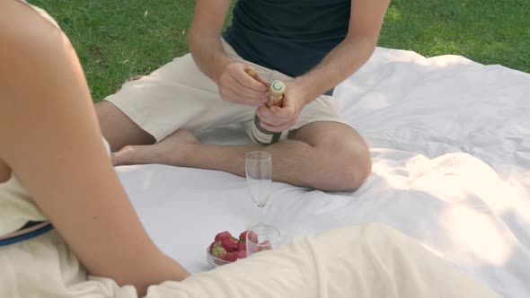 A Couple out on a Romantic Picnic Date Open a Bottle of Champagne, Close Up Slow Motion alt