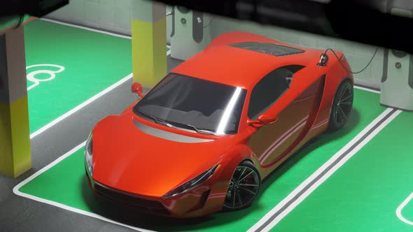 Electric car connected to the charging station. Vehicle using renewable energy alt