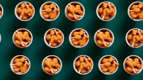 Buckets with fried chicken are jumping and moving together in one direction.Loop alt