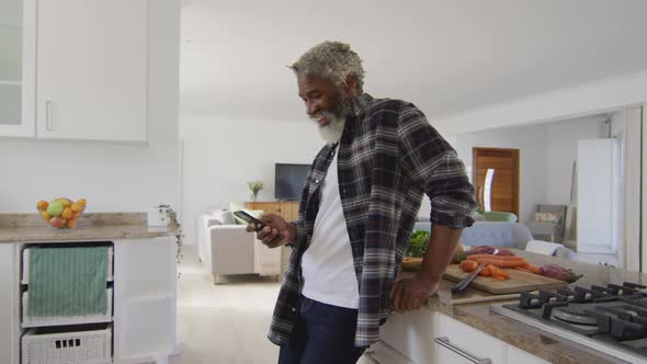 Senior man using smartphone in the kitchen alt