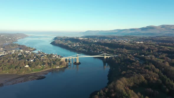 Aerial view of Britannia and Menai bridges in Wales over the Menai strait on