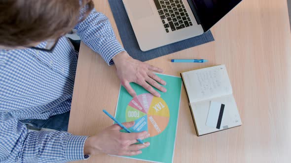 Man is counting taxes, expenses, investments, savings. Distribution of investments from the budget alt