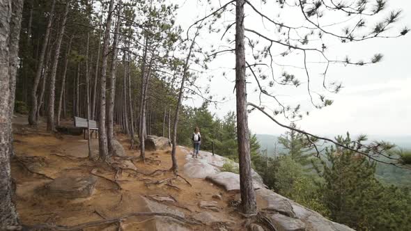 Female hiker walking on mountain slope alt