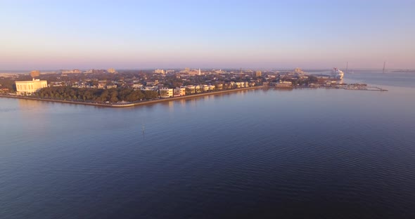 Aerial View of Charleston Harbor and Downtown at Sunrise