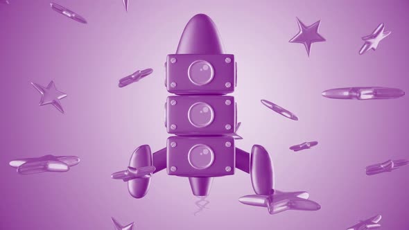Rocket Toy Flyng Among Stars 3d Purple Kids Background