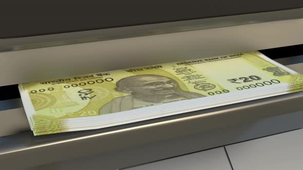 20 Indian rupees  in cash dispenser. Withdrawal of cash from an ATM. alt