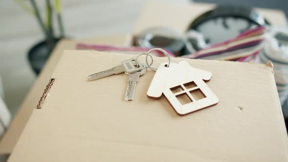 Closeup of Keys to New Apartment on Cardboard Box Indoors in Light Room alt