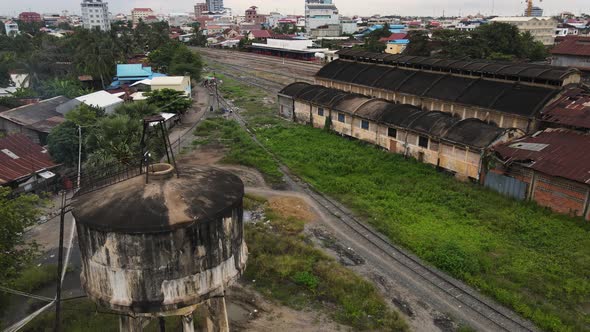 Aerial view of an old water tank in disuse in Battambang, Cambodia. alt