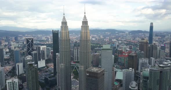 Petronas Twin Towers' Aerial Footage, Drone Is Moving Away, Kuala Lumpur, Malaysia, Susnet