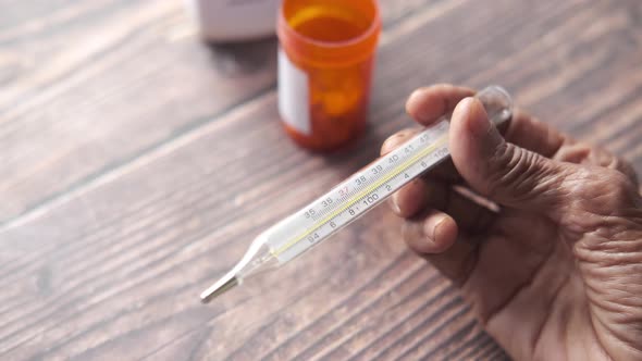 Senior Women Hand Holding Medical Thermometer alt