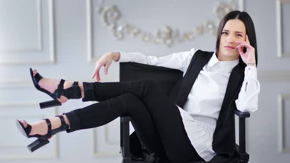 Successful Charming Fashion Sexy Businesswoman Posing Looking at Camera Full Shot alt