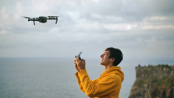 One Man Tourist Controlling Innovation Aviation Unmanned Aircraft Drone