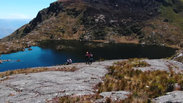Tourists admiring the 1st lagoon of Pichgacocha from Ambo, Huanuco, Peru in the Andes mountains. 4k alt