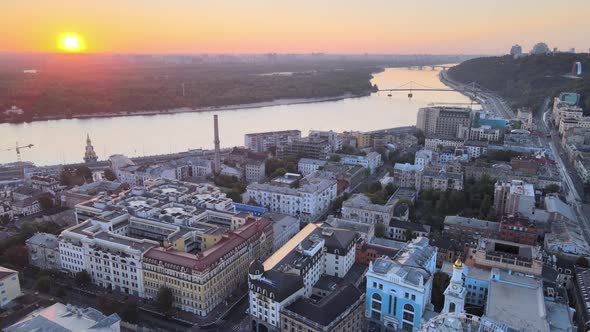 Historical District of Kyiv - Podil in the Morning at Dawn. Ukraine. Aerial View alt