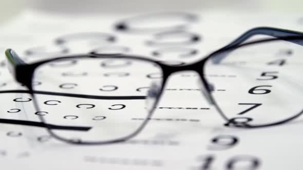 Close-up of spectacles on eye chart alt