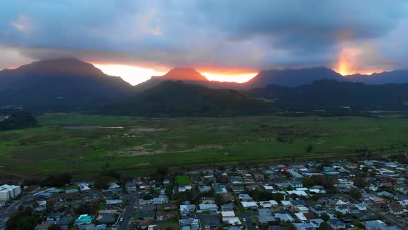 Aerial of Sunset Behind Mountains Around Kailua in Hawaii alt