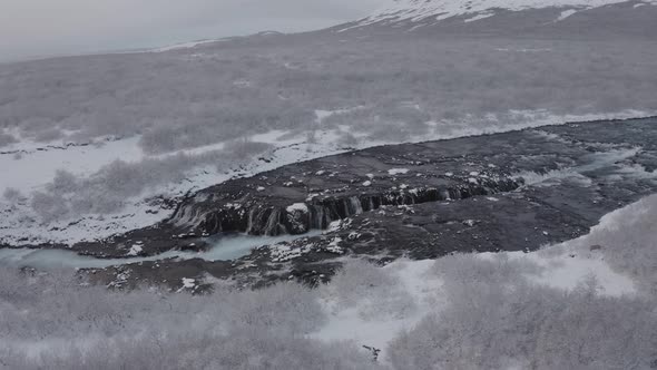 Aerial Drone Footage of Bruarfoss Waterfall in Iceland in Winter Season