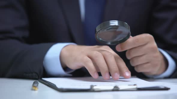 Attorney Reading Document With Magnifier, Studying Case in Detail, Investigation alt