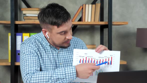 Businessman tells show investors infographics business plan online meeting chat alt