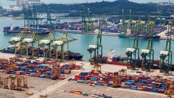 Trading Port of Singapore with Containers Terminals and Merchat Ships Timelapse alt