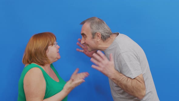 Couple Quarreling on Blue Background. Aged Couple Quarreling. Conflict, Negative Emotions. alt