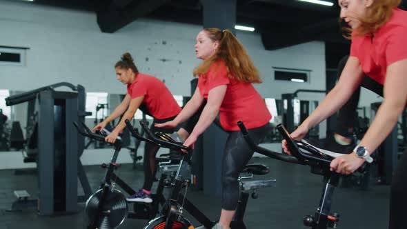 Healthy Caucasian Group of Women Exercising Workout on Stationary Cycling Machine Bike in Gym alt